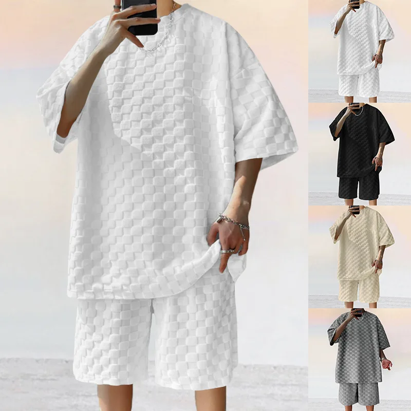 Men's Sports Suit Summer New Korean High Street Jacquard Plaid T-shirt Shorts Two-piece Set Male Casual Retro Loose O-neck Top