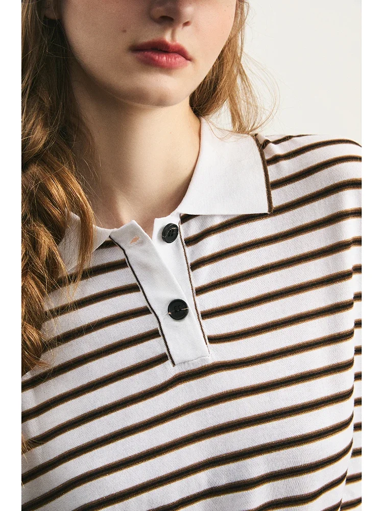 New Luxury brand B Women Polo T-shirt 2024 Fashion Classic Contrast Striped Lapel Short-sleeved Silk Wool Loose Tops Pullovers