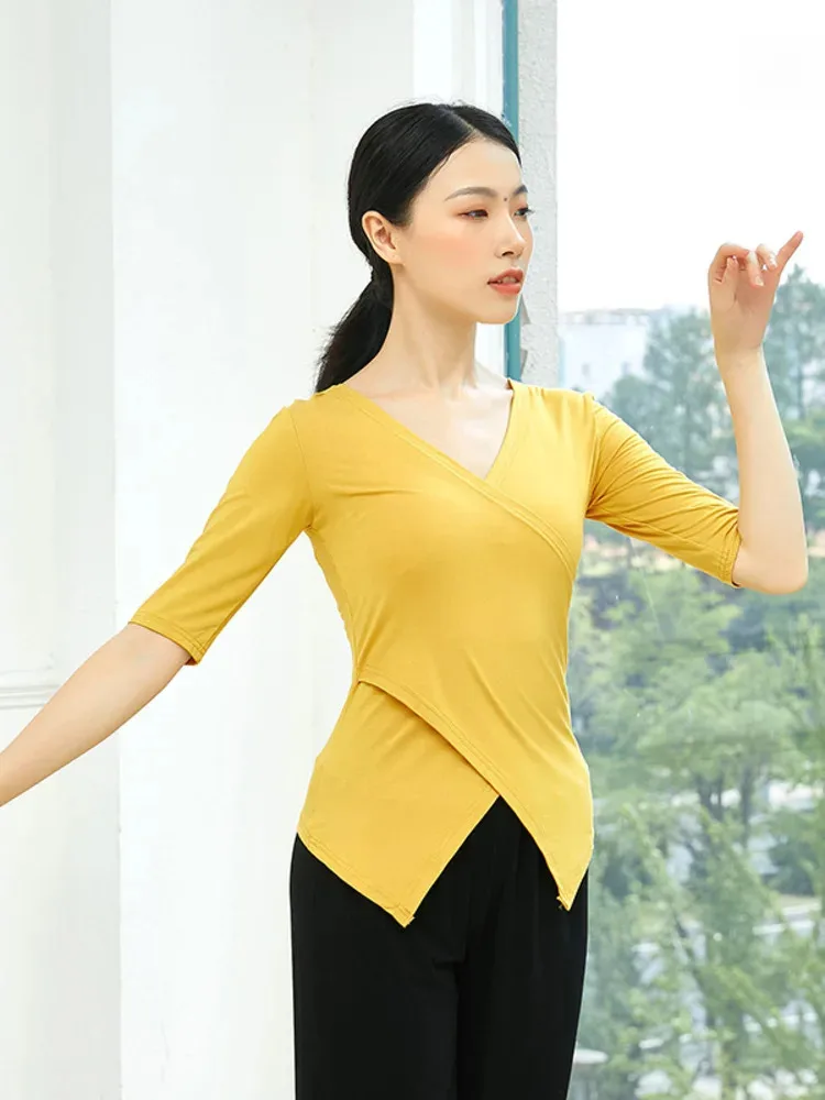 Solid Color Modern Dance Line Costume Luxury Women's Elegant Tops Party Latin Wear Woman Slim Fit Street Pole T-shirt 2024