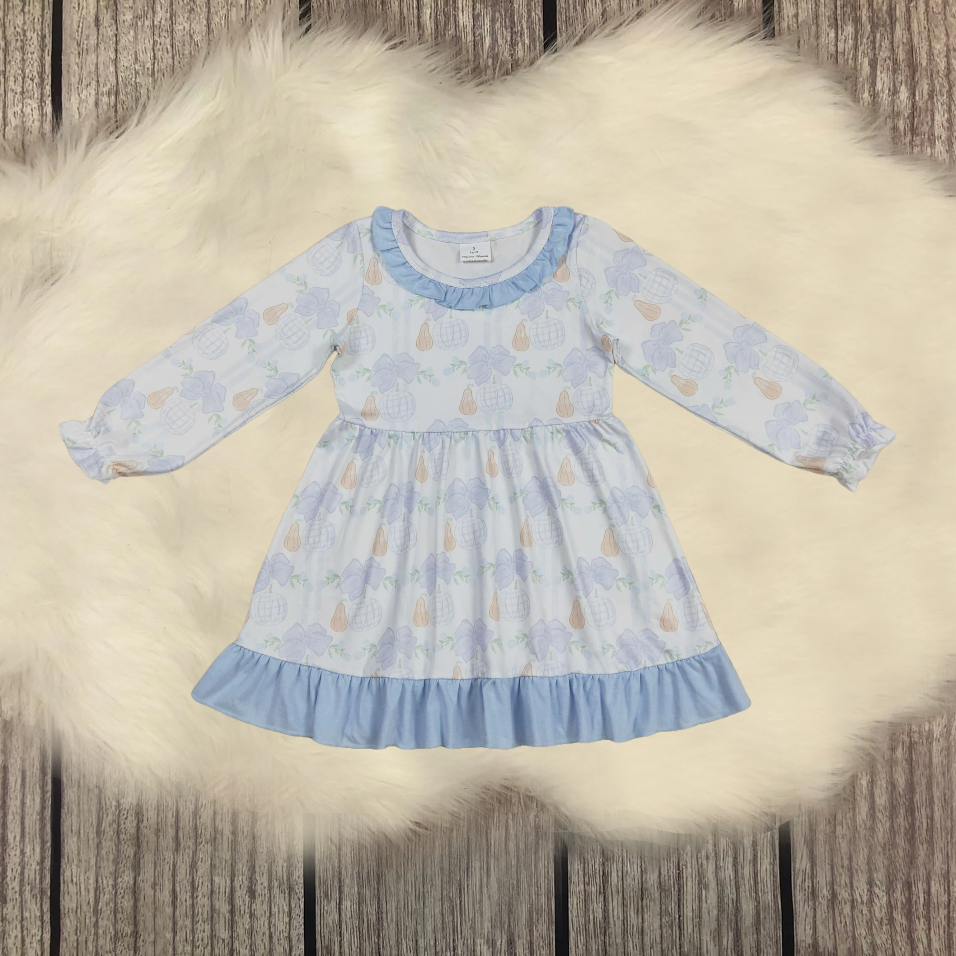 

Baby Infant Toddler Thanksgiving Girl Bows Floral Pumpkins Long Sleeves Dress Kids Children Blue Ruffle Flower Clothes Wholesale