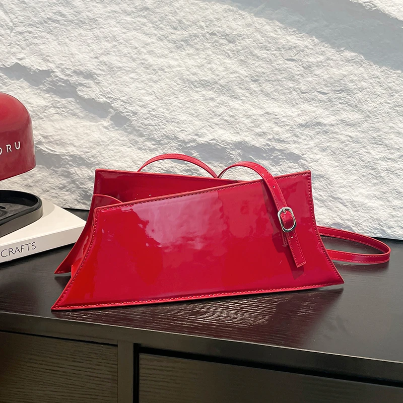 

Red Patent Leather Shoulder Bag For Women Irregular Design Underarm Handbag And Purse Fashion Brand Crossbody Bag Brown