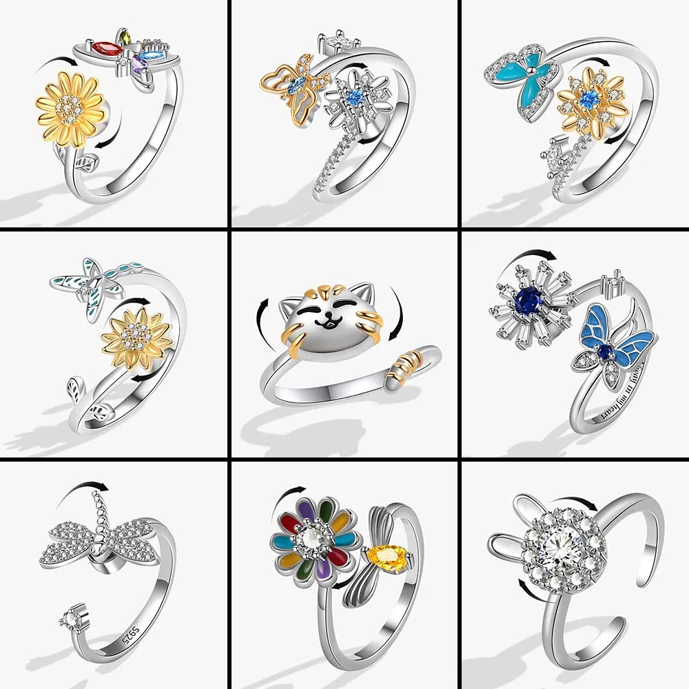 Fashion Crystal Anxiety Relief Spinning Ring For Girl Copper Butterfly Flower Wedding Rotating Rings Fidget Metal Spinner