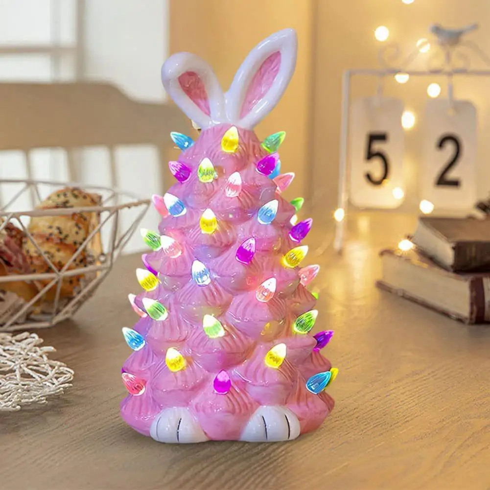 Lámpara de árbol de conejo de Pascua de primavera, lámpara de árbol de conejito rosa de resina con orejas y pies, figura de Animal iluminada LED, estatua, escultura de escritorio D