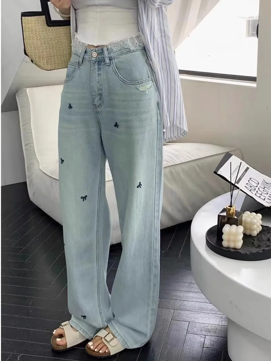 ZHISILAO Embroidery Print Straight Jeans Women Vintage Bow Tie Print Full Length Denim Pants Chic