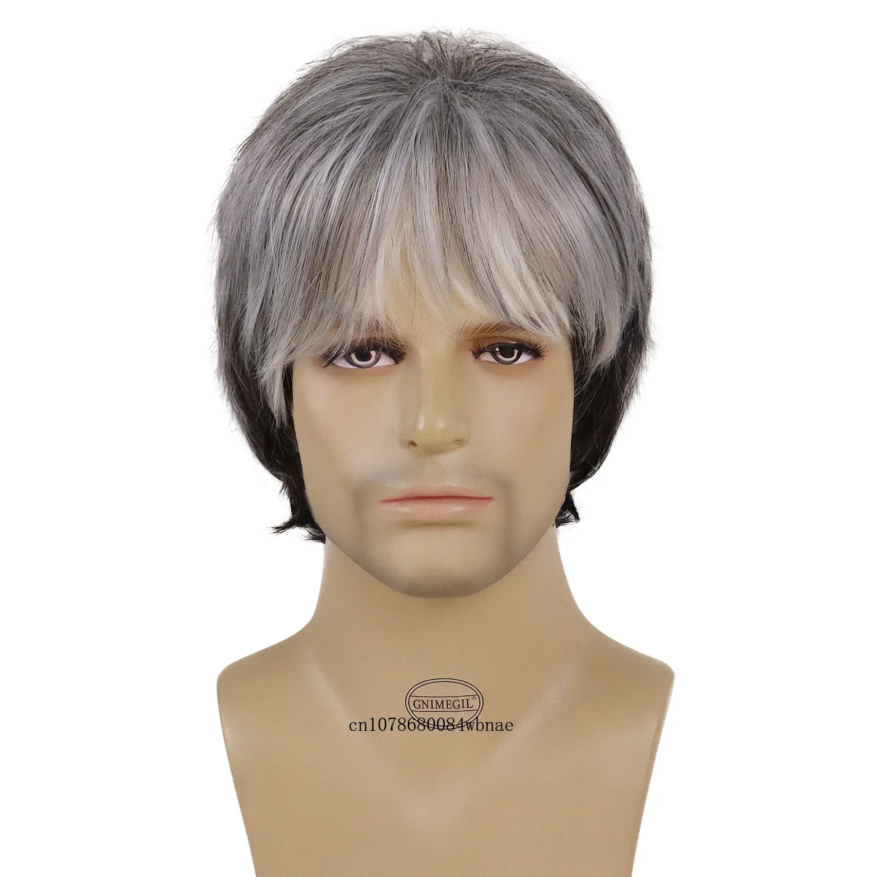 Short Haircut Wigs Synthetic Hair Grey Mix Black Wig with Bangs for Elder Men Father Daily Costume Party Cosplay Heat Resistant