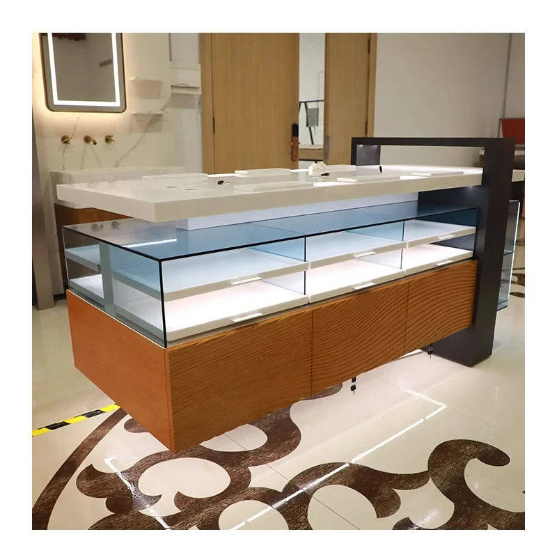 custom.Clothing Glass Display Counter Wooden Ceramic Boutique Island Stand Gondola Display