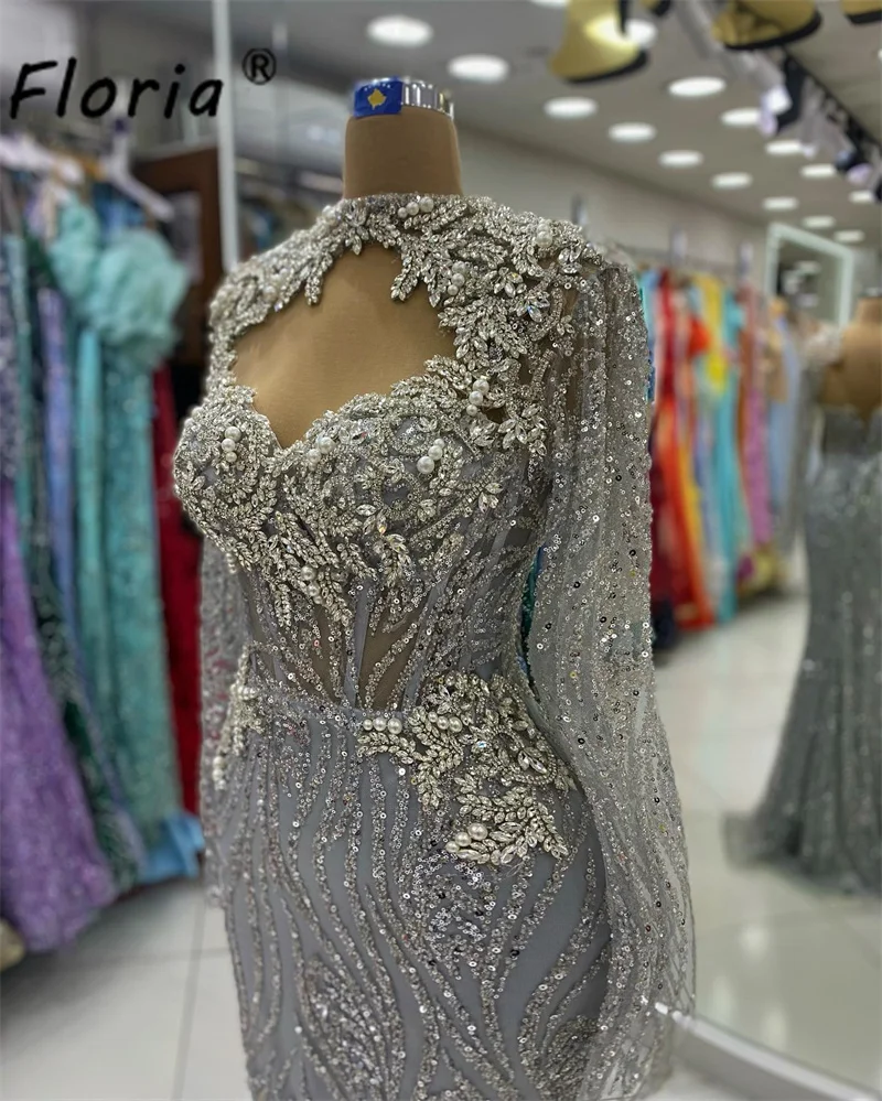 Женское свадебное платье с длинным рукавом Aso Ebi, блестящее серебристое платье-Русалка для торжественных случаев, винтажная вечерняя одежда с кристаллами и бисером