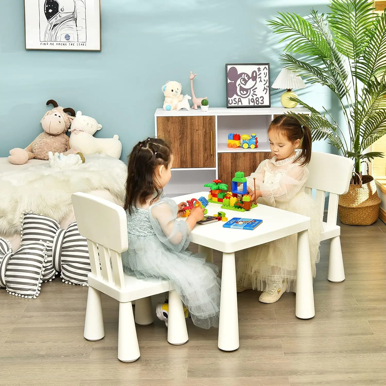 Kids Table and Chair Set, 3 Piece Plastic Children Activity Table for Reading, Drawing, Snack Time, Arts Crafts, Preschool, Kind