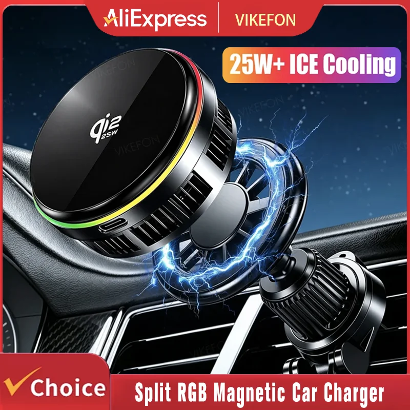 QI2 Ice Cooling Tempered Glass RGB Magnetic Wireless Car Charger Fast Charging Radiator For Magsafe iPhone 12-16 Phone Holder