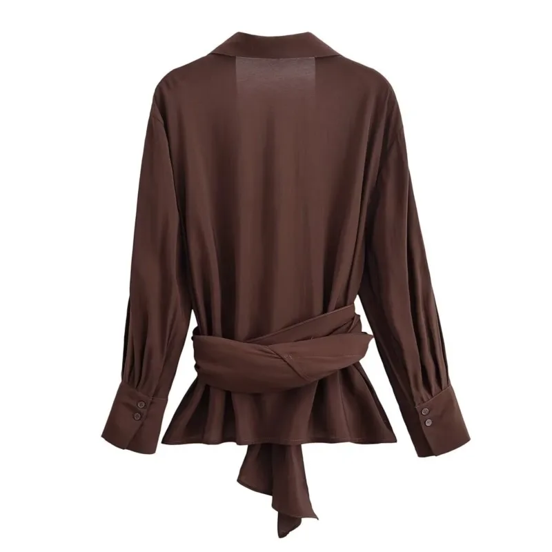 Nouvelles femmes rayé taille sangle chemise col en V à manches longues chemises Double boutonnage réglable noeud papillon femme chemises décontractées