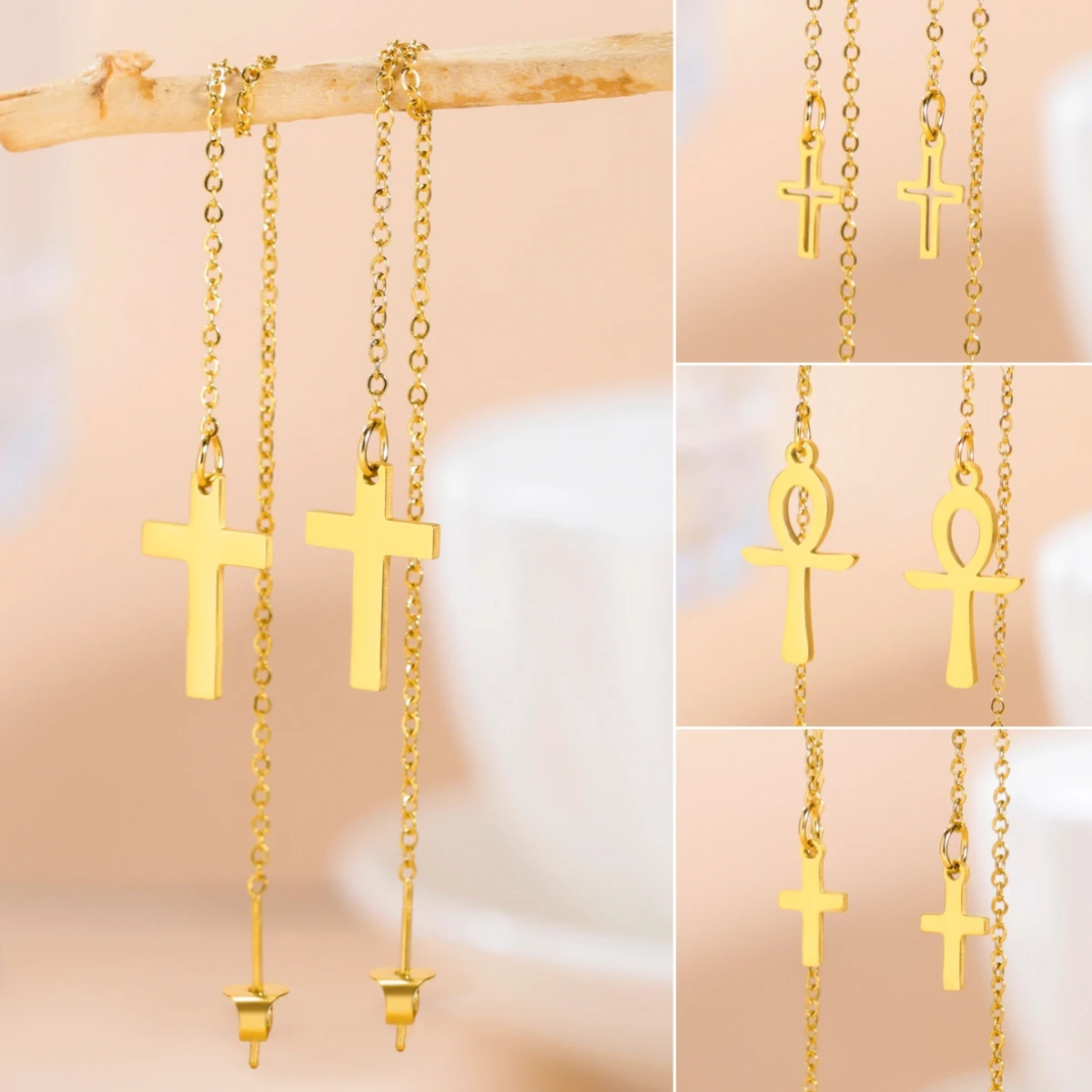 LIKGREAT Edelstahl Kreuzlinie Ohrring für Frauen Mädchen Mode Lange Kette Hängende Ohrringe Ankh Kreuz Charm Kreuz Schmuck