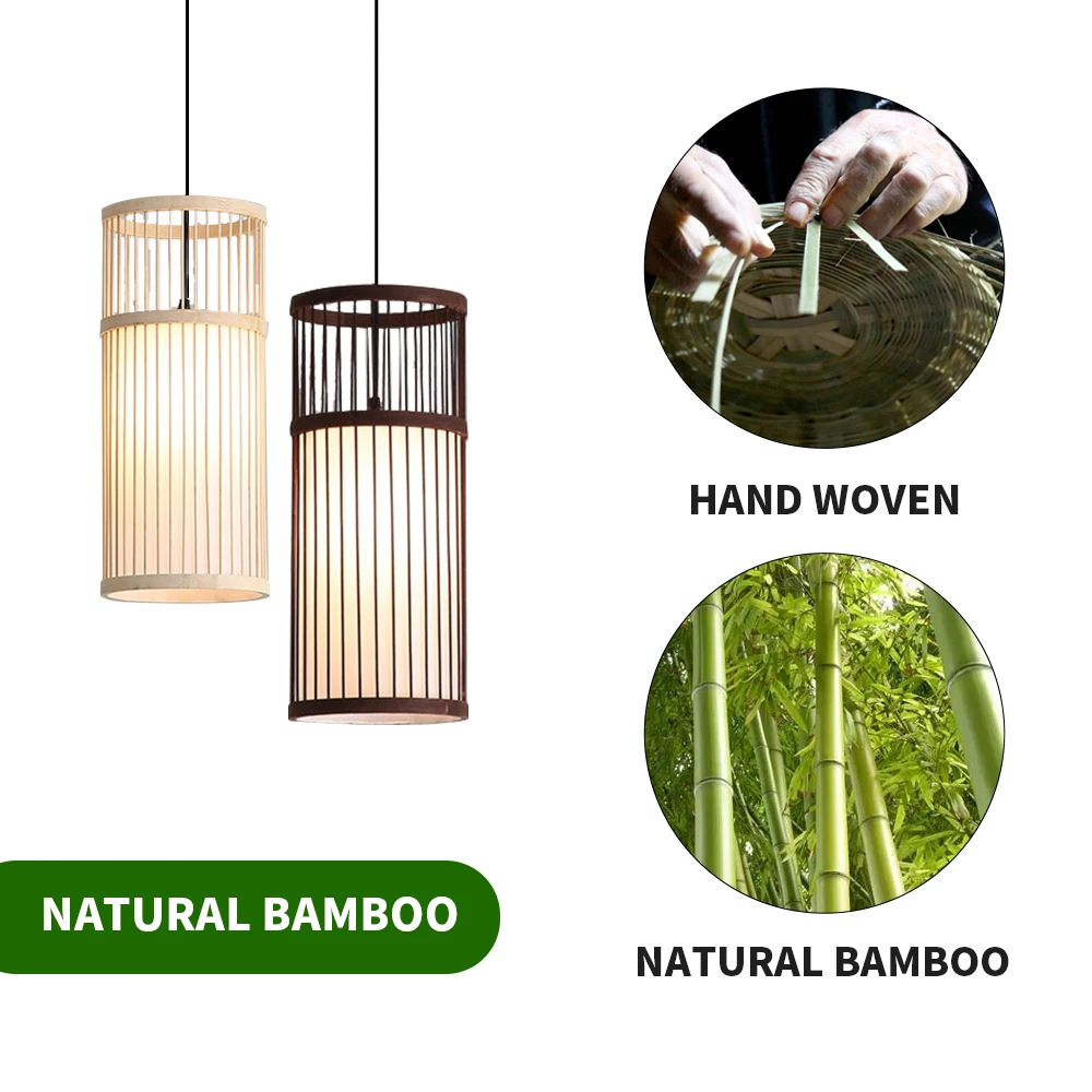 E27 Lighting Fixtures Hanging Light Bamboo Lantern Pendant Lamp Natural Rattan Wicker Chandeliers Hand-Woven Bamboo Lampshades