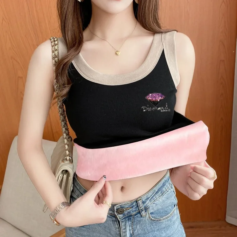 

2024 New Two Tank Tops Women Plush Thickened Winter Straps Small T-shirt Top Gallus Beautiful Back Bottom Layer Warm Underwear