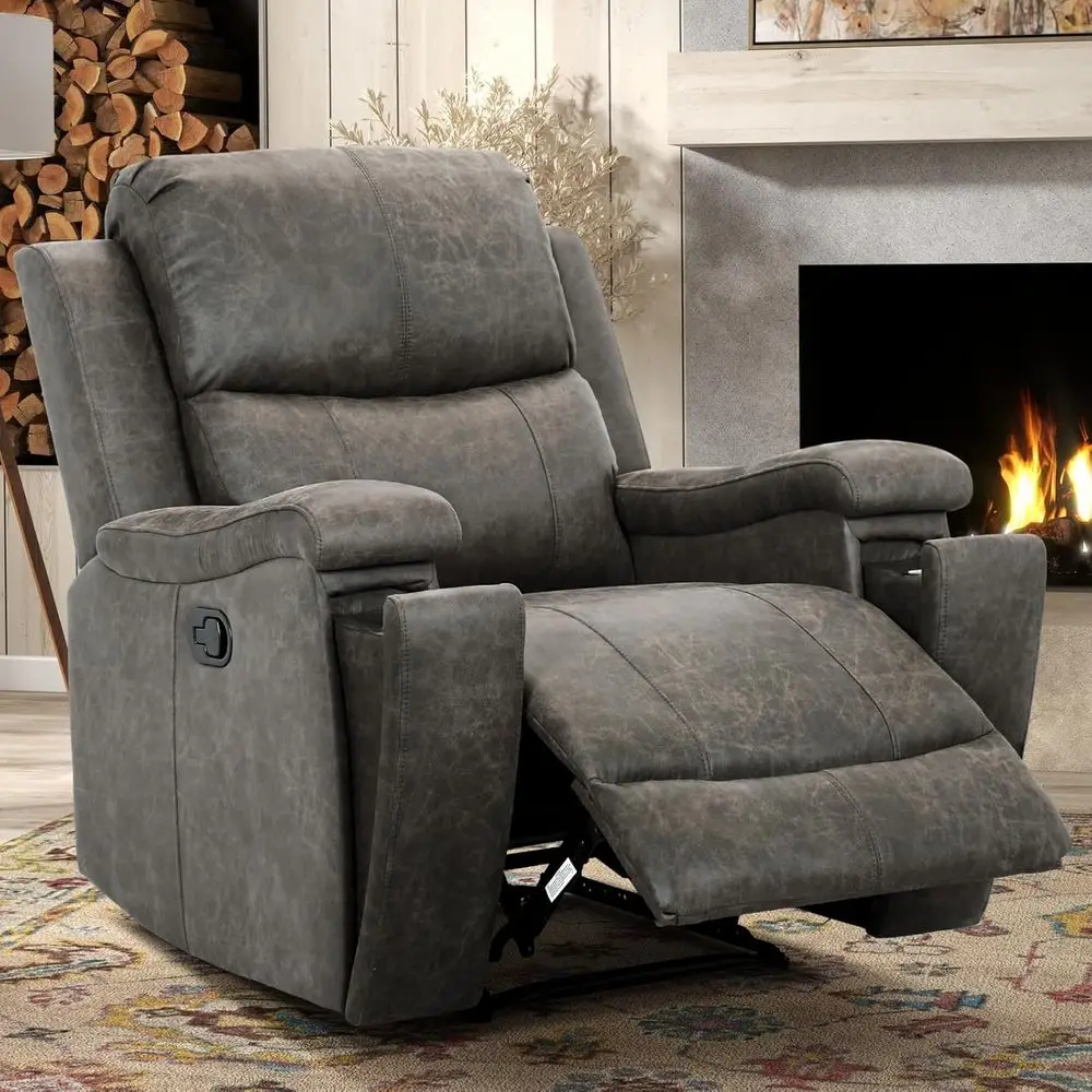Classic and Traditional Manual Recliner Chair with Overstuffed Arms and Back, Manual Single Sofa with Concealed Cup Holders, Gre