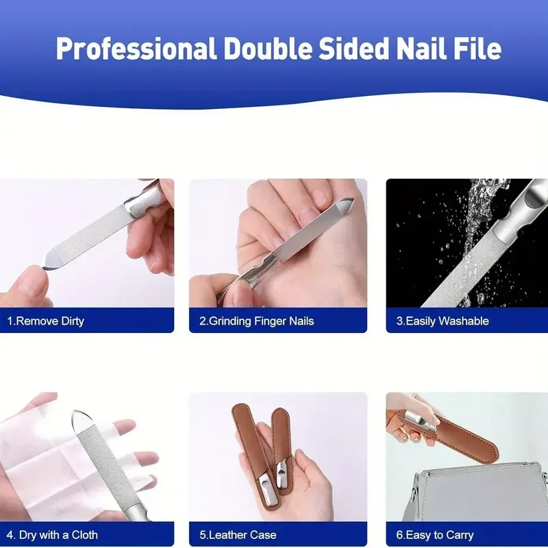 Stainless Steel Nail File V-Shaped Flat Shape with Non-Slip Handle and Case Double-Sided for Easy Filing of Nails for Men&Women