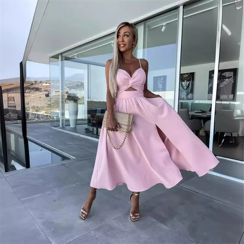 

Sexy Deep V Hollow Slit Camisole Dress Elegant Solid Color Large Skirt Suspender Dress New Summer Fashion Women's Banquet Dress