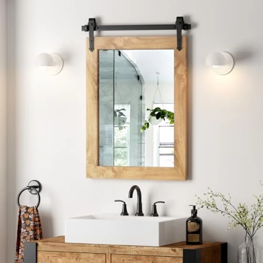 

Farmhouse Barn Door Mirror 22"x32" Rustic Decorative Vanity Mirrors Wall Decor Mirror for Bathroom Living Room Entryway