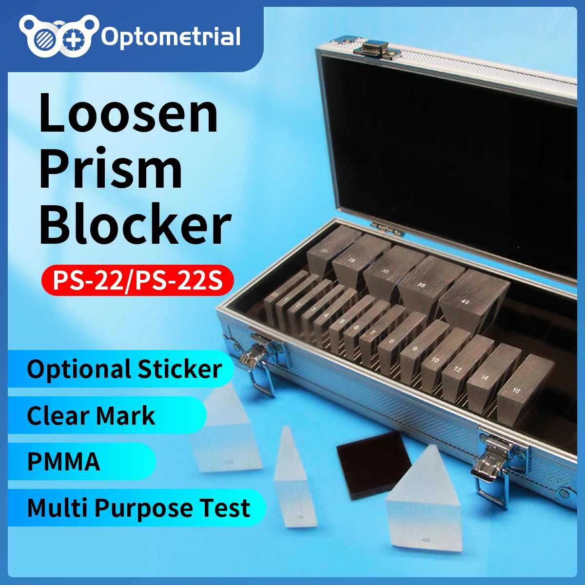 Bloqueadores de prismas de optometría Set 22 Deltas |   Estuche de transporte de aluminio |   Barra de sujeción opcional |   Material PMMA |   PS22