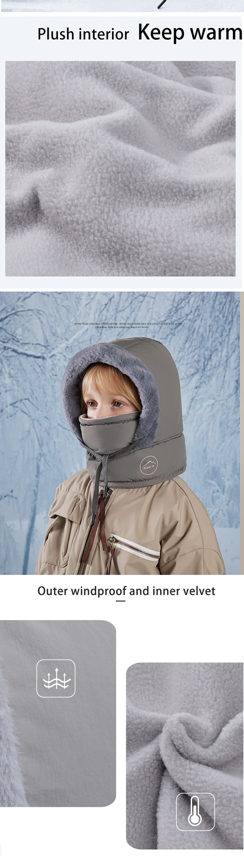 Winter-Fahrradmütze, warmer Schal für Kinder, Gesichtsmaske, integriert, kältebeständig, winddicht, Kopfbedeckung, verdickter Samt-Nackenschutz – Detail 3