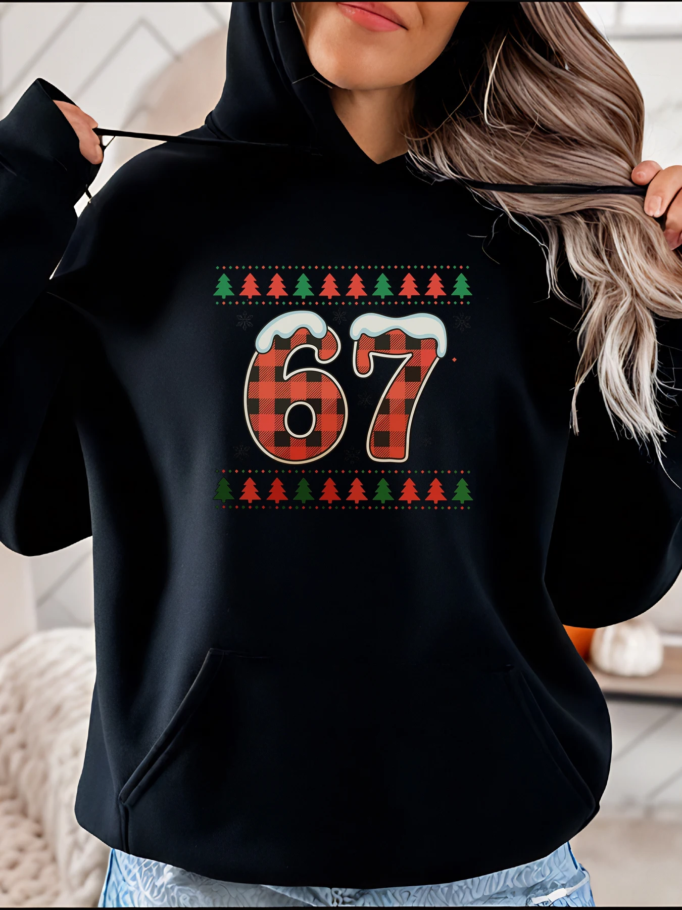 Felpa con cappuccio con stampa albero di Natale Plaid natalizio Numero 67 Design Abbigliamento invernale casual da donna