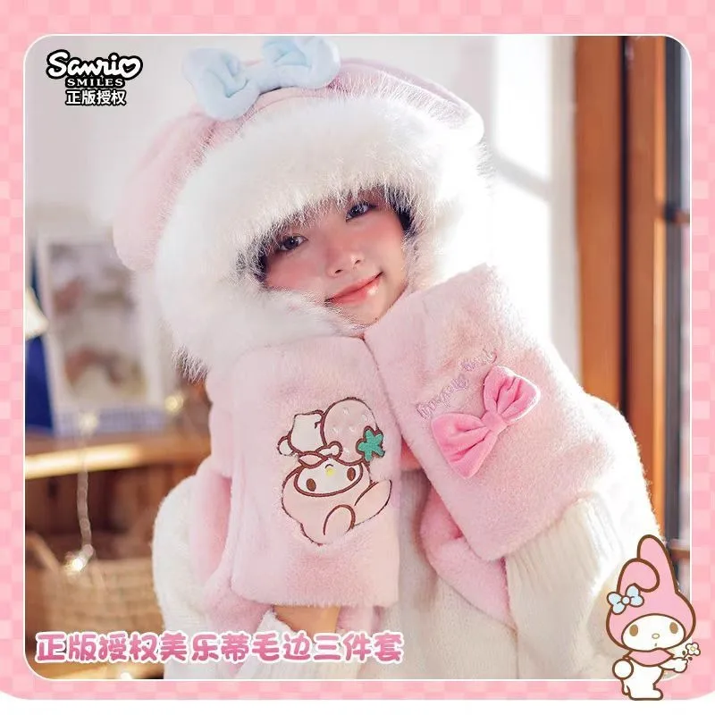 

Kawaii My Melody Cinnamoroll Kuromi Pochacco Hello Kitty Sanrio Студенческая милая мультяшная пушистая теплая шапка, шарфы, перчатки, шапки для детей