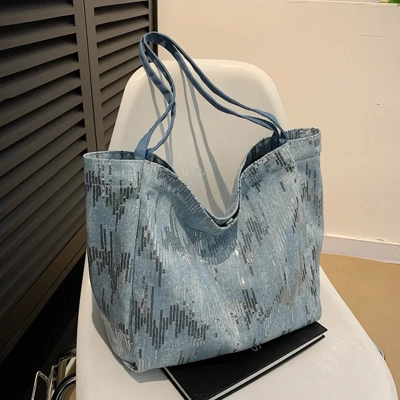 

Простые джинсовые однотонные сумки на плечо, универсальные женские сумки большой вместимости, распродажа, новинка 2025 года, женские сумки для путешествий