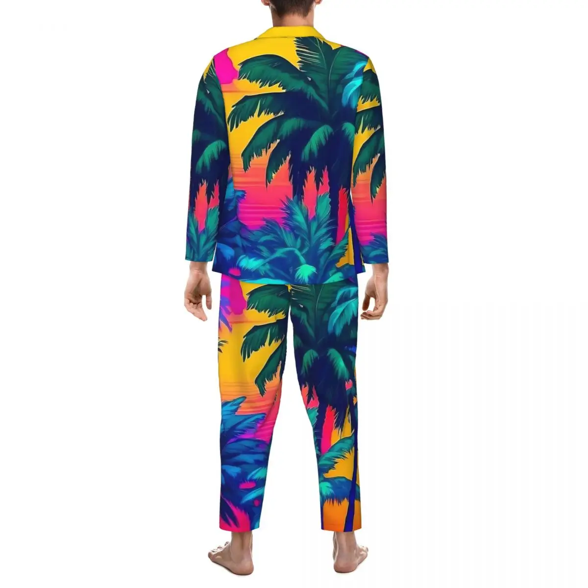 Retro Neon Tropical Sunset Palm Trees Pajama Sets Cute Sleepwear Men Long Sleeve Vintage Home 2 Piece Nightwear Large Size