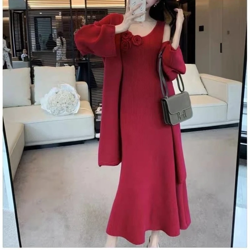 

Lazy Style Long Sweater Cardigan Jacket Two-piece Set Dress Women's Autumn and Winter Vest Skirt Two-piece Set