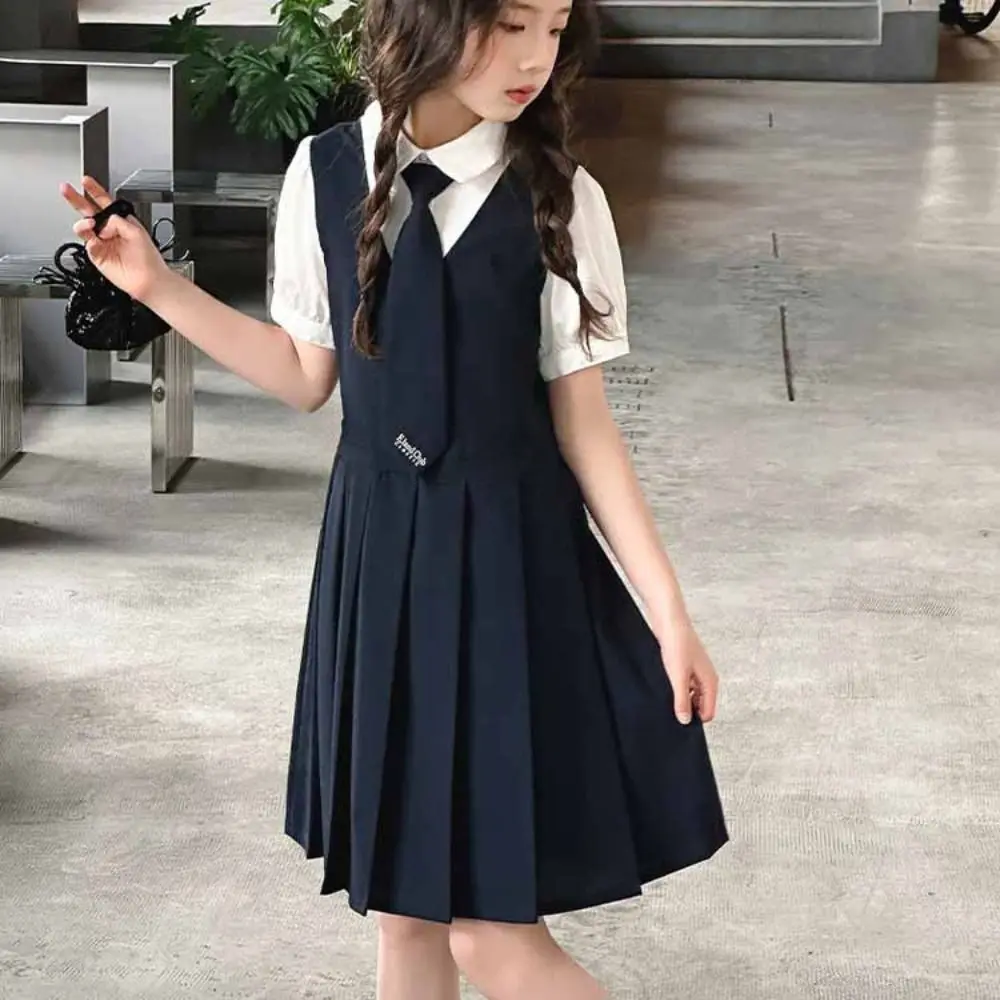 Loose Pleated Fake Two Dress Preppy Style Short Sleeve Summer Girls Dresses Teenagers Skirts Children A-line Dress Students
