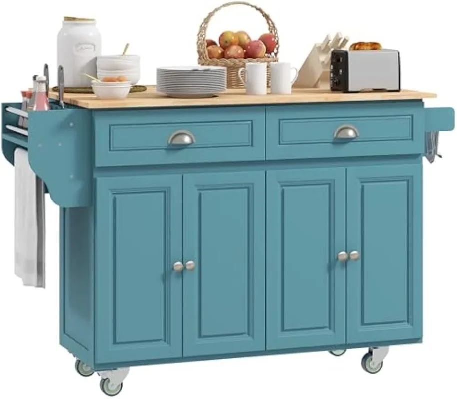 Rolling Kitchen Island Drop Leaf, Kitchen Cart on Wheels, Solid Wood Top Breakfast Nook with Storage Drawers, 4-Door Cabi