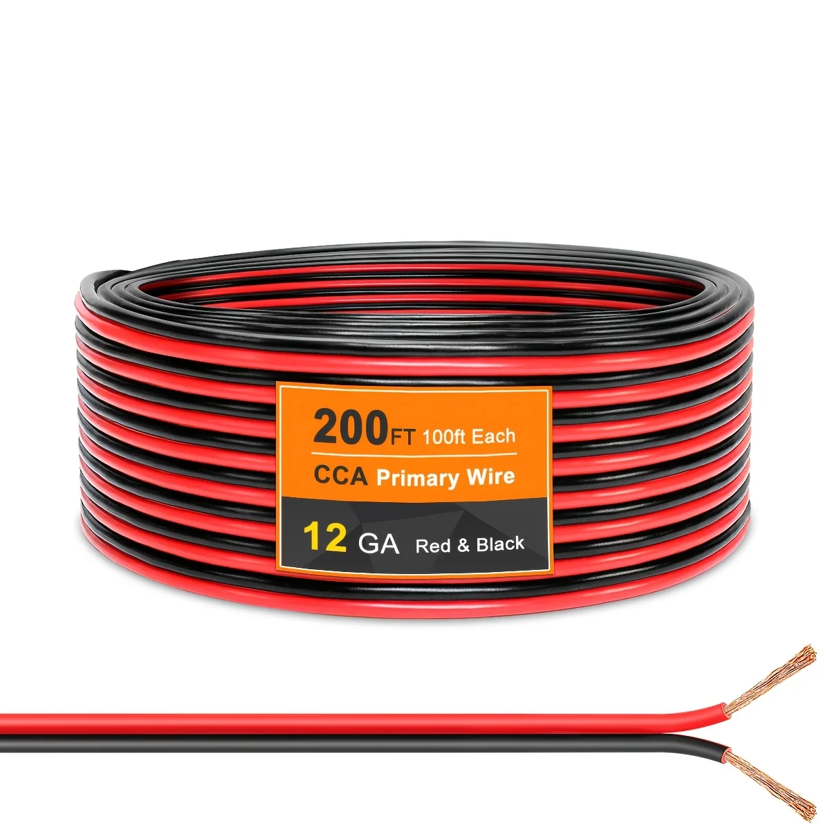 

12AWG CCA Electrical Wire | 2 Core Flat Parallel Insulated Twisted Cable, 100ft Red and 100ft Black, 12 Gauge Automotive Wire Extension for Car Audio, Low Voltage (31m), Without Battery