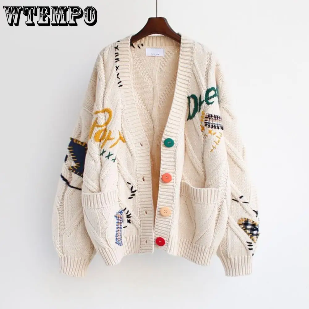 Women's Cable Knit Long Sleeve Open Front Cardigan Sheep V-Neck Button Down Embroidery Wool Blend Sweater Coat Outwear