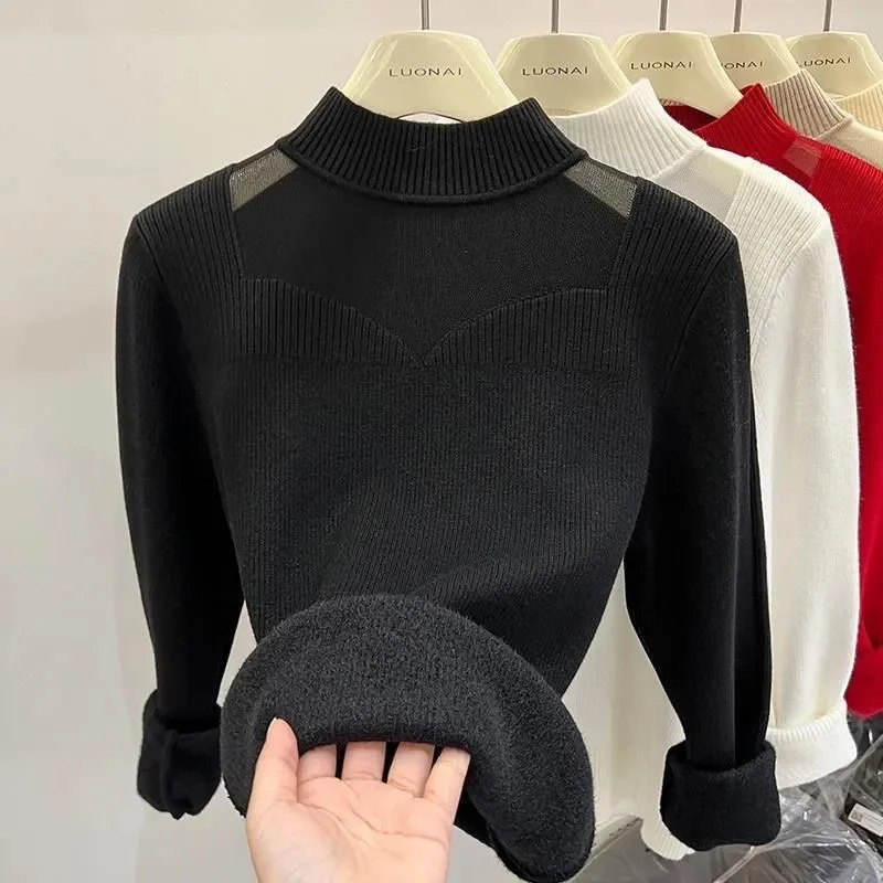 Damski gruby zimowy sweter z polaru z niszowym topem i półwysokim kołnierzem Damski nowy jesienny sweter z siateczki XX
