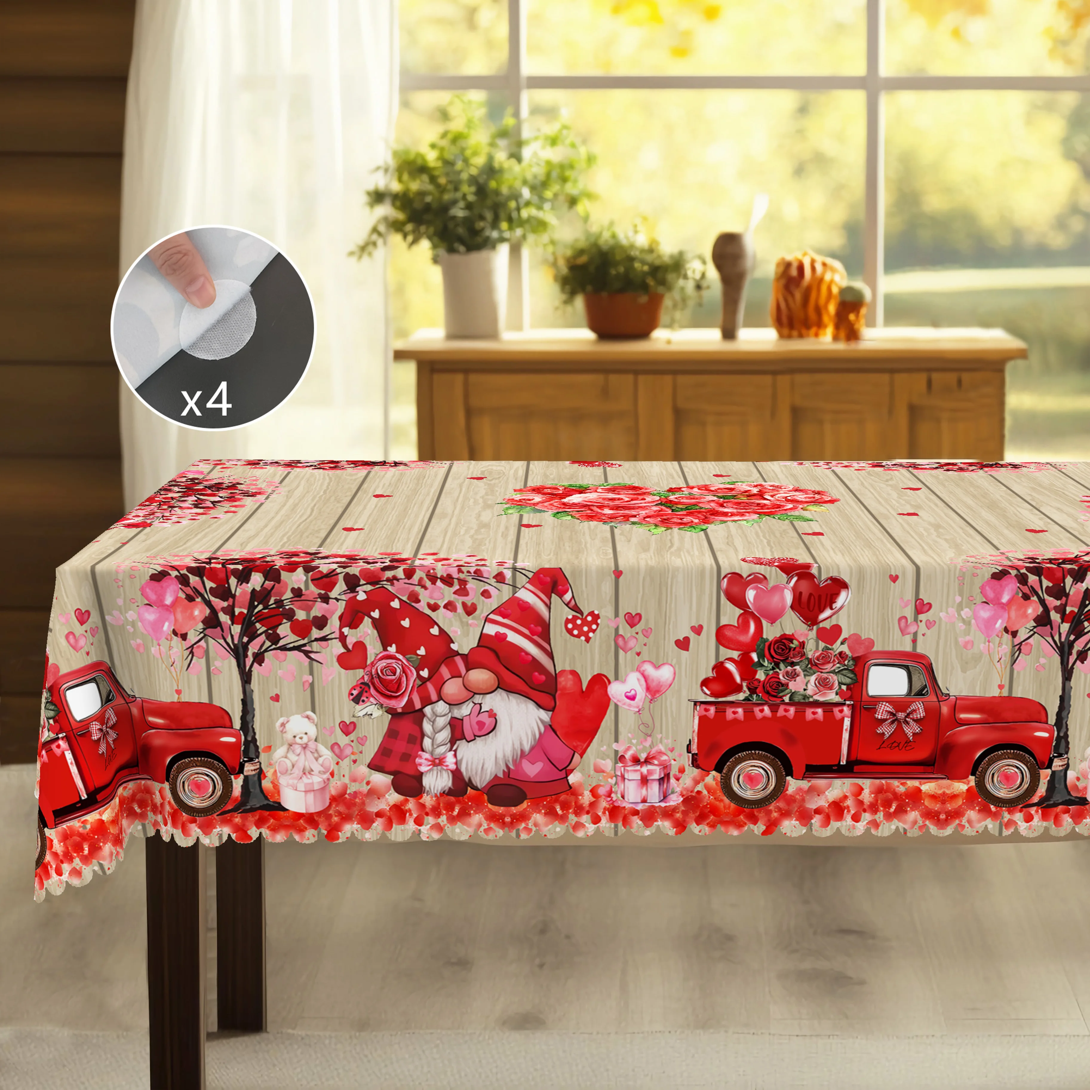1 Piece Valentine\'s Day Round Tablecloth, 5 Sizes Available, Love Dwarf Wood Panel Pattern Tablecloth, Matching 4 Tablecloth Stickers, Edge