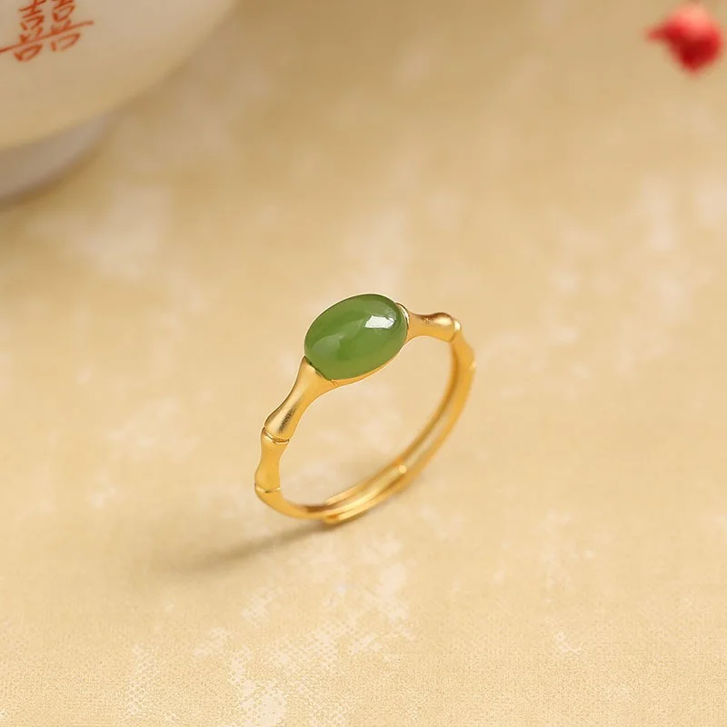 Green Bamboo Ring Dragon and Phoenix Rose Carved vintage Pendant Lucky Charm Adjustable Ring for Wedding and Everyday Wear