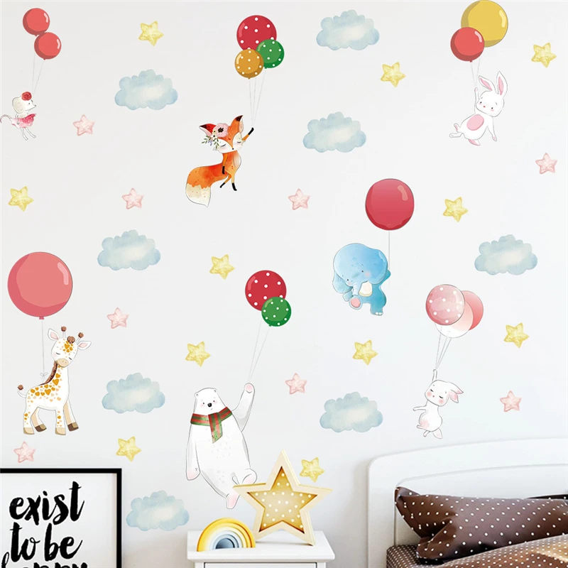 

Cartoon Giraffe Fox Rabbit Balloon Party Wall Sticker For Home Decoration Animal Mural Art Diy Kids Bedroom Decals Pvc Poster