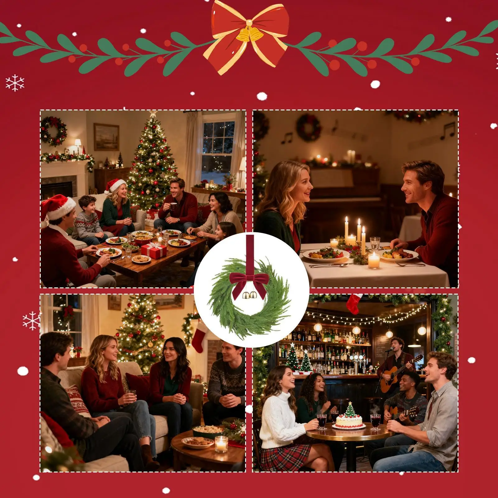 

Маленький рождественский венок, праздничное искусственное украшение с красными бантами и колокольчиками, искусственный рождественский венок для окна, каминной крыльца