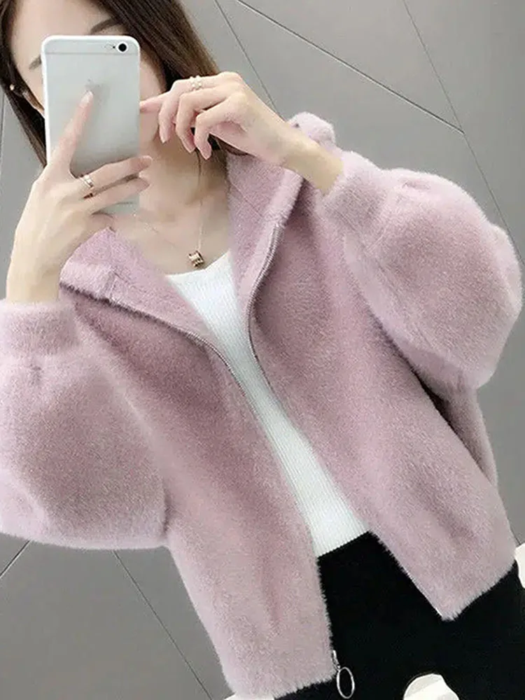 

2022 New Autumn Winter Jacket Women Fashion Solid Color Imitation Mink Velvet Thick Hooded Coat Loose Warm Knit Cardigan