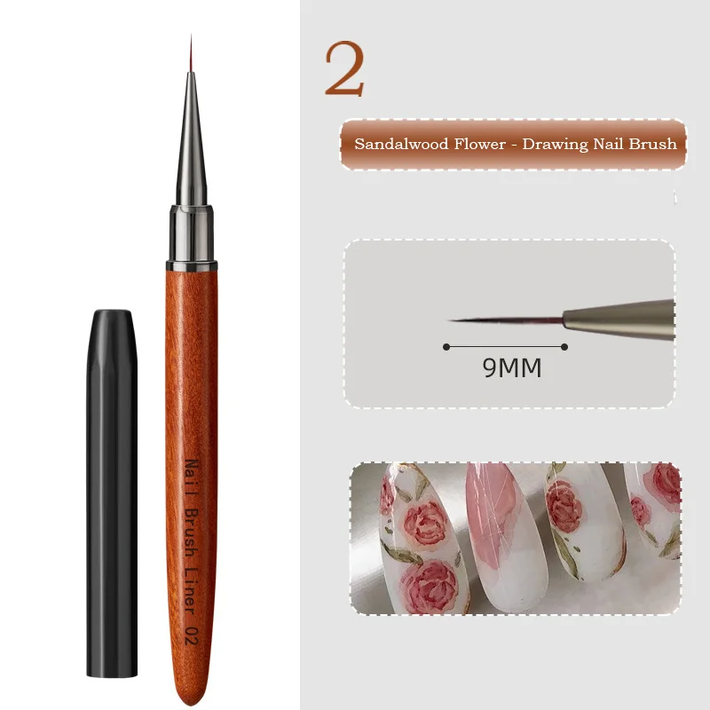 Set di pennelli per nail art con manico in legno di sandalo da 12 pezzi Pennelli di precisione per dettagli, rivestimenti, disegni a strisce di fiori NAB091