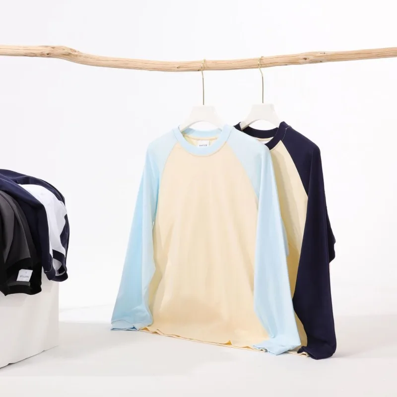 

250 г тяжелая мужская рубашка из чистого хлопка с длинными рукавами и круглым вырезом, модная брендовая рубашка реглан с цветными блоками, футболка для женщин