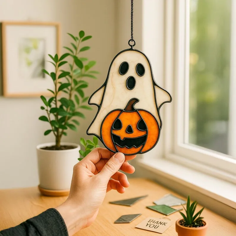 Pumpkin Pendant Stained Glass Suncatcher Halloween Ornament Pendant Ghost Inlay Handmade Customization