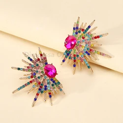 Bohemian Luxury Shiny Crystal Decor Big Stud Earrings For Women Fashion Vintage Ethnic Style Wedding Party Statement Jewelry