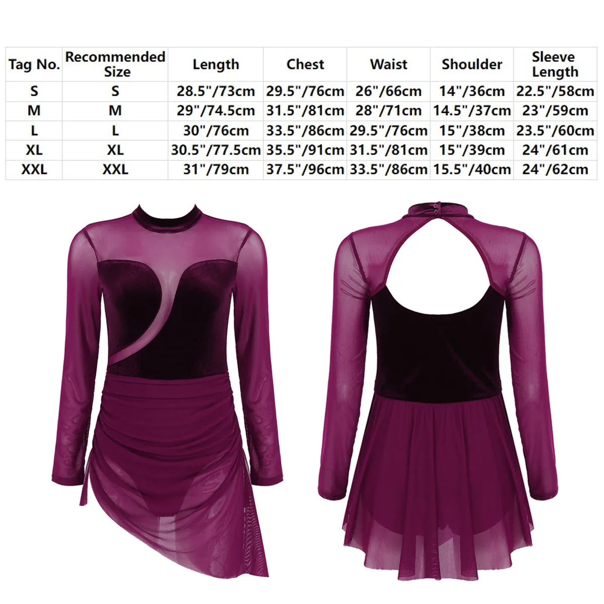 Figure Skating Dress Womens Girls Sparkly Tulle Splice Gymnastic Leotard Ballet Tutu Dress Long Sleeve Roller Skating Dance Wear