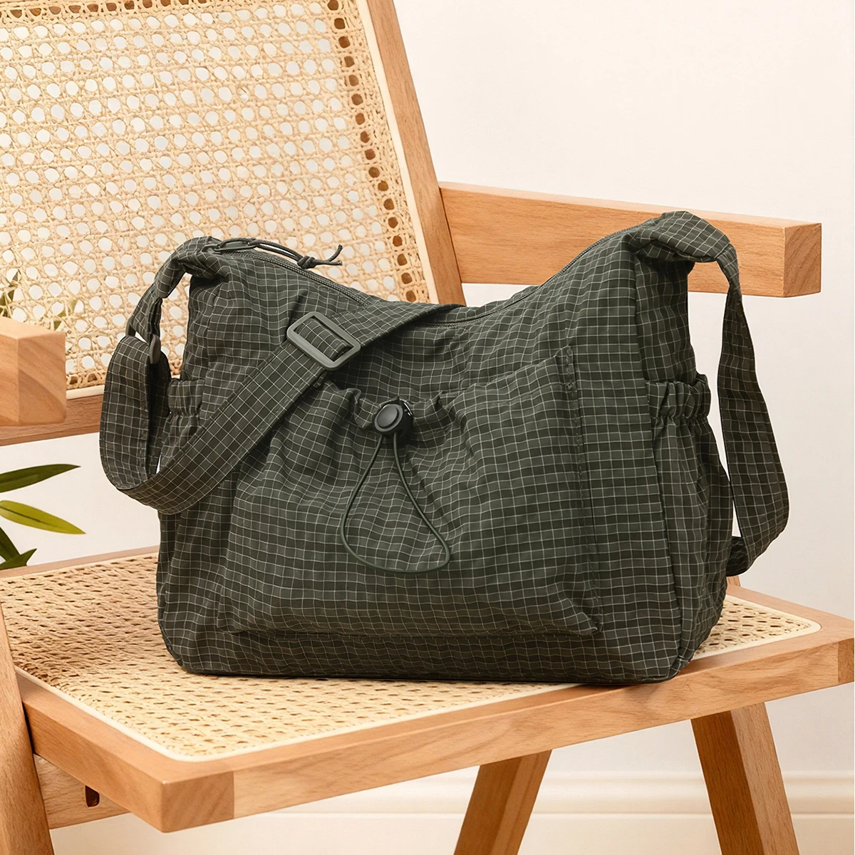 

Olive Green Gingham Plaid Nylon Hobo Bags For Women Large Capacity Drawstring Shoulder Bags Lightweight Daypack for School Bags