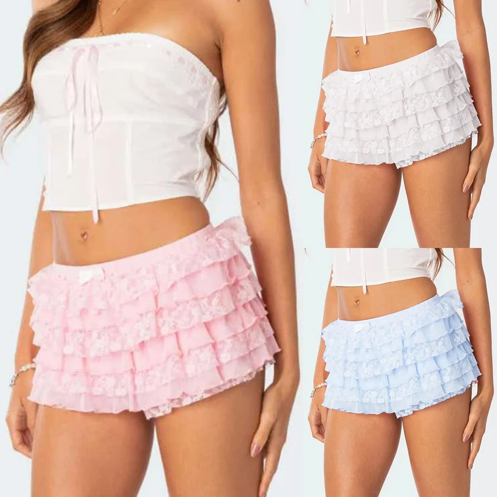 

Cute Lace Cake Layer Skirt Shorts Sweet Bow Short Leggings Shorts Casual Homewear Summer Women Ruffle Culottes Sexy Bottoms