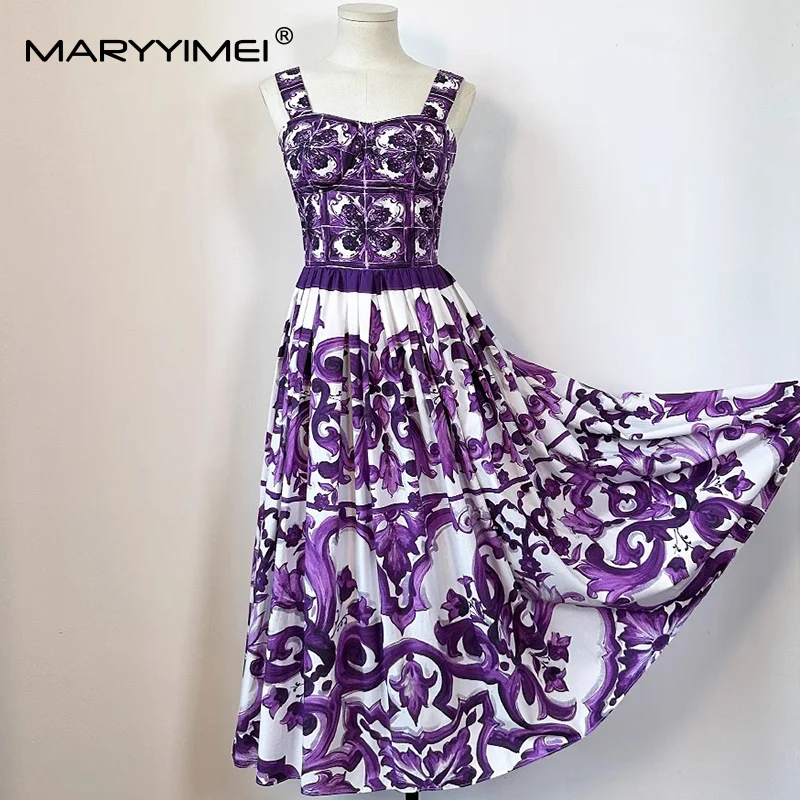 MARYYIMEI 우아한 세련된 여름 드레스 스파게티 스트랩 백리스 하이 웨이스트 퍼플 프린트 캐주얼 홀리데이 코튼 드레스