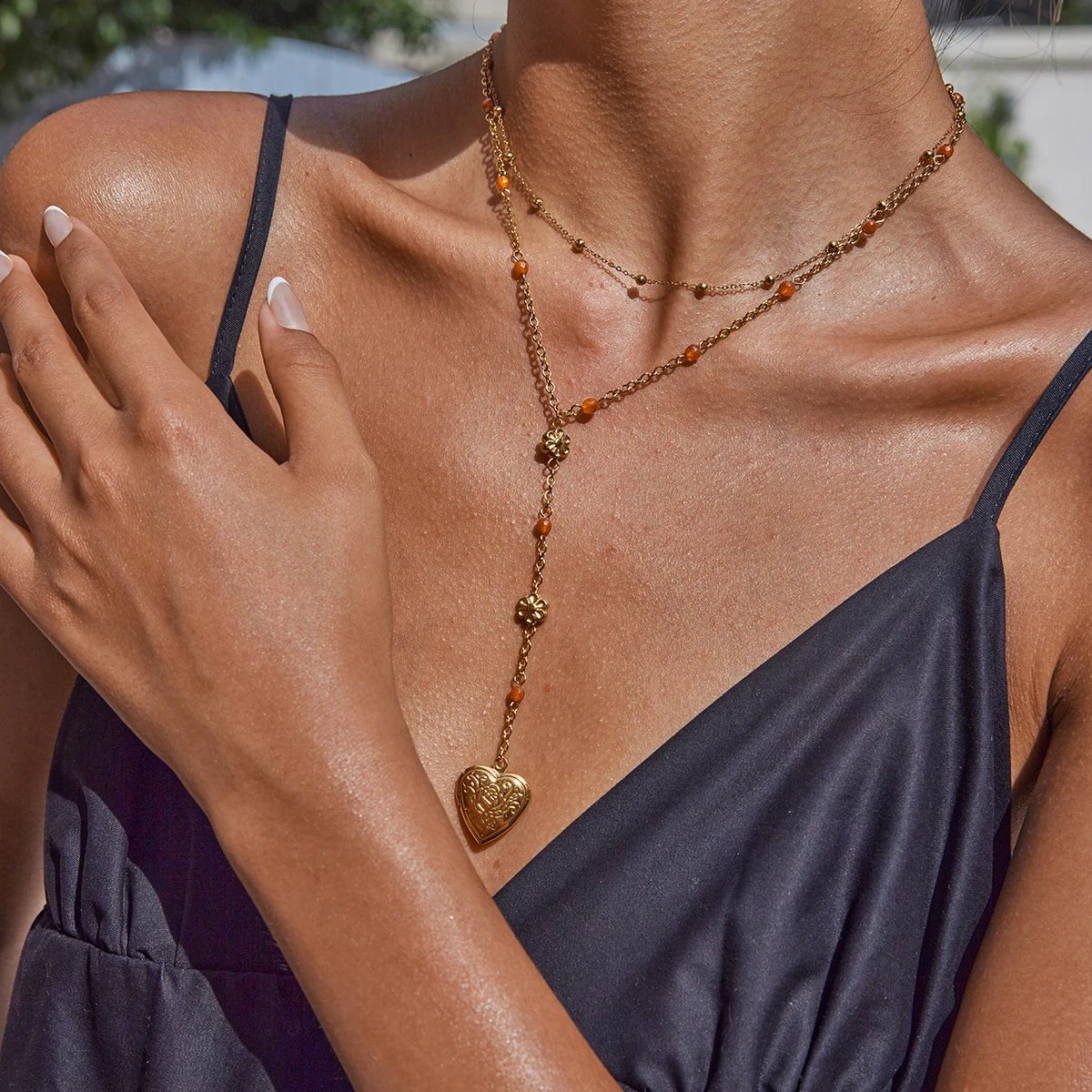 Uworld Fashion طبقات مزدوجة تصميم الحب القلب قلادة قلادة الفولاذ المقاوم للصدأ DIY الحب مربع عقد للسيدات لملابس الحفلات #1