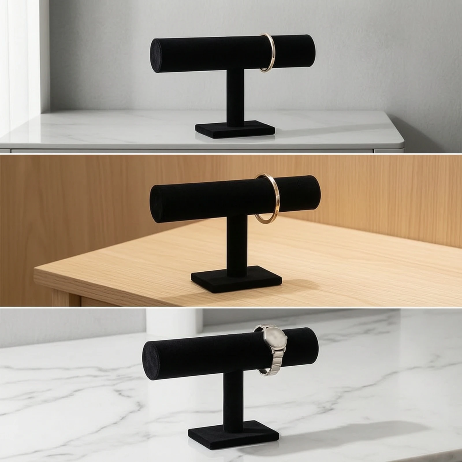 T-Shaped Bar Bracelet Holder Velvet Bracelet Holder with Rectangular Base T-Shaped Bar Display Black Watch Rack Stable