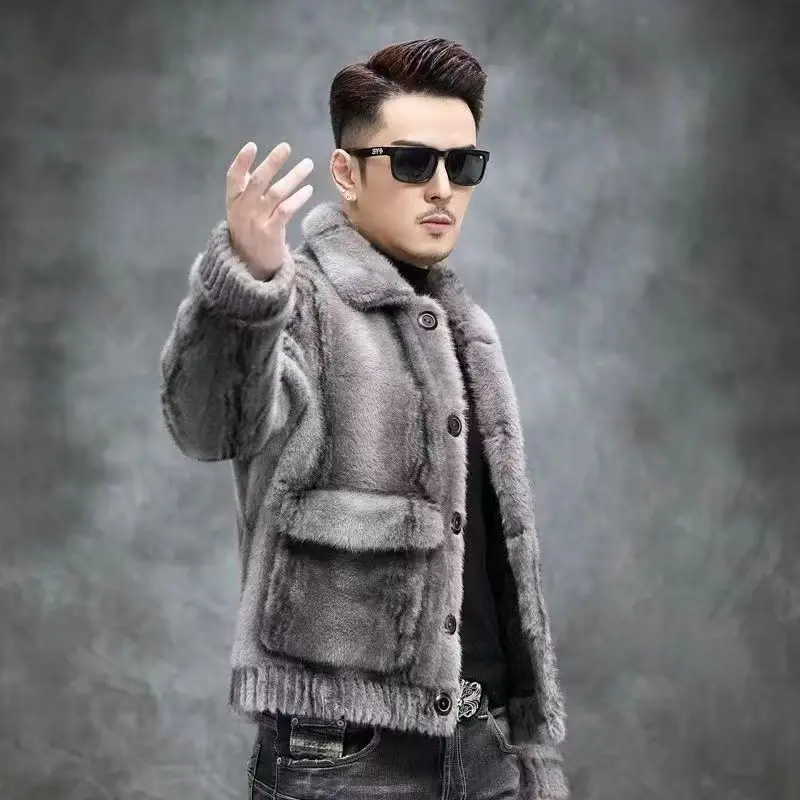 Winter New Fashion Fur Coat Men Silver Blue Mink Jacket Male Fashion Reversible Short Square Collar Mink Velvet Overcoat Clothes