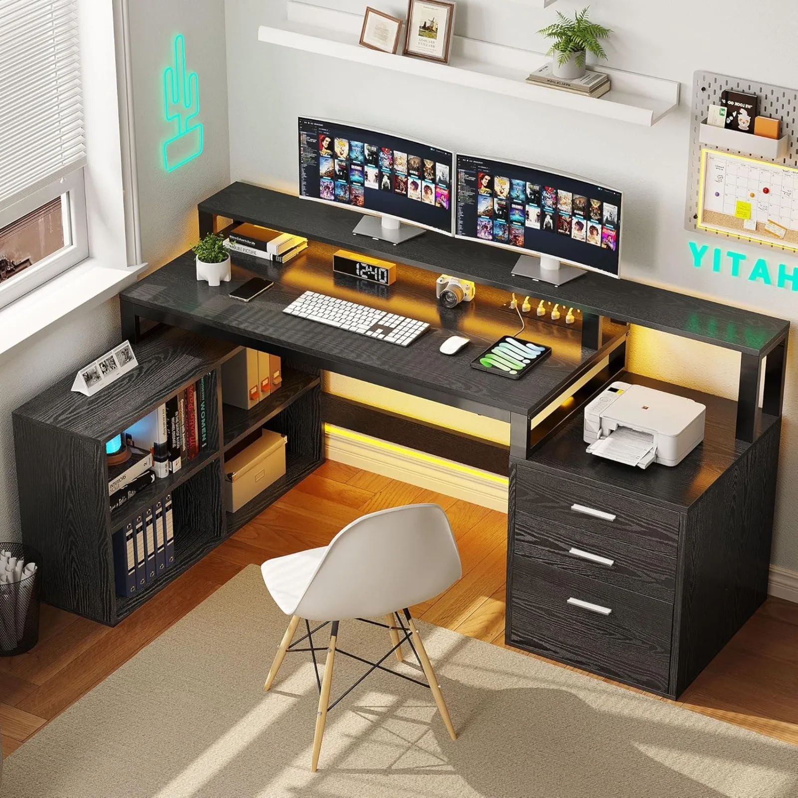 

US L Shaped Desk with 3 Drawers, 65" Corner Computer Desk with Power Outlets & LED Lights, L-Shaped Desk with File Cabinet &